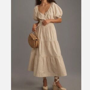 Anthropologie Maeve Somerset Maxi Dress Puff Sleeve Tiered A-Line Neutral Dot XS